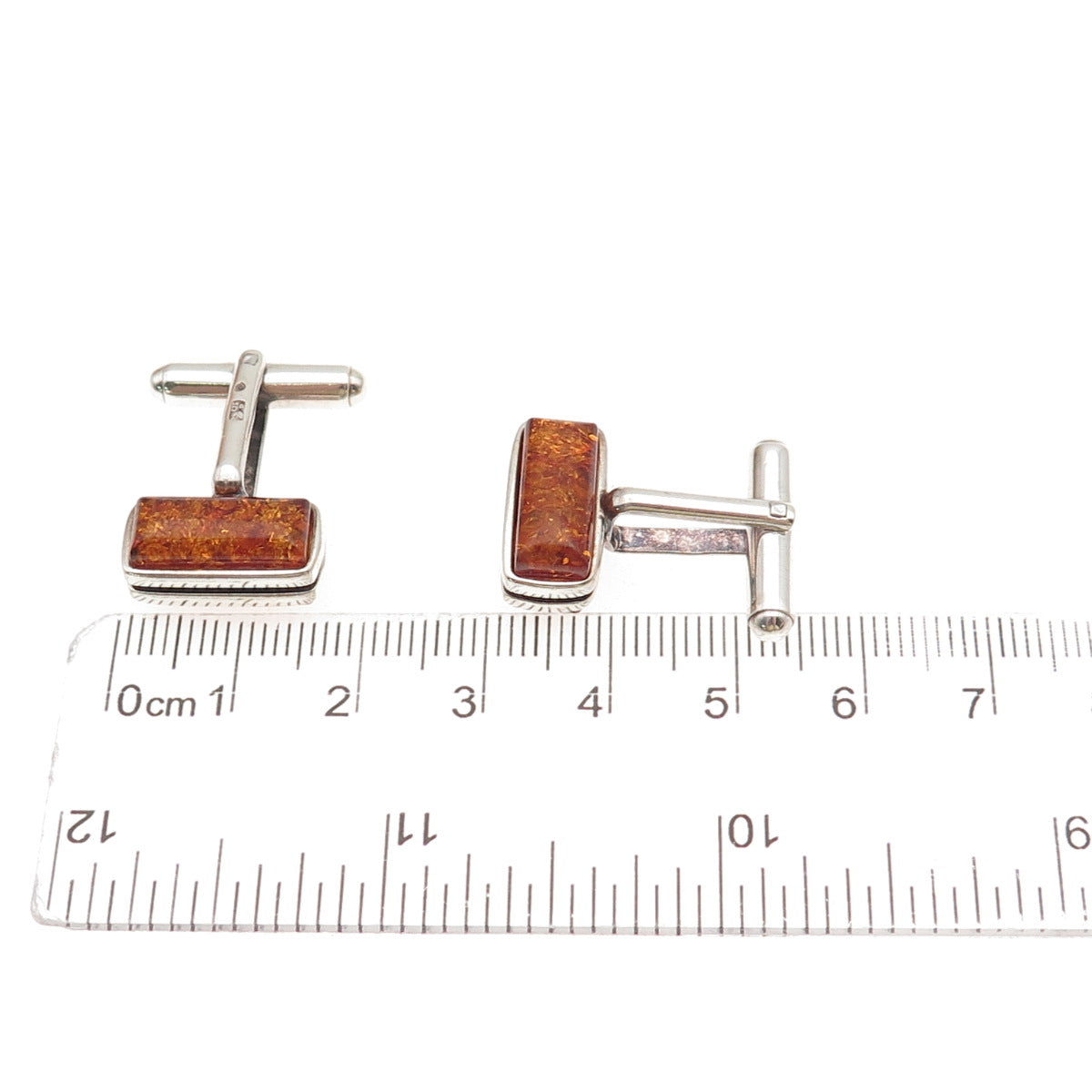 925 Sterling Silver Vintage JV Poland Real Amber Modernist Cufflinks