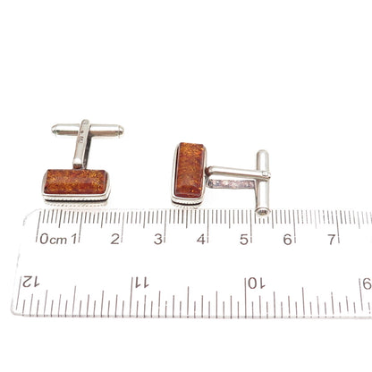925 Sterling Silver Vintage JV Poland Real Amber Modernist Cufflinks