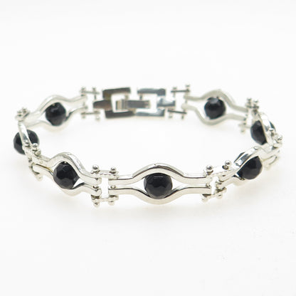 925 Sterling Silver Vintage Real Black Onyx Gemstone Modernist Bracelet 7"