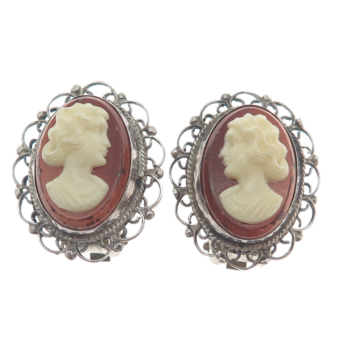 925 Sterling Silver Vintage Mexico Guadalajara Cameo Victorian Lady Earrings