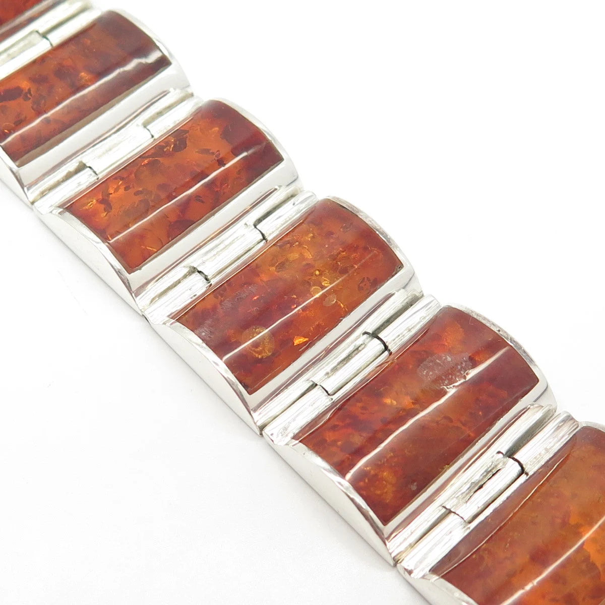 925 Sterling Silver Vintage Real Amber Tennis Panel Link Bracelet 7"