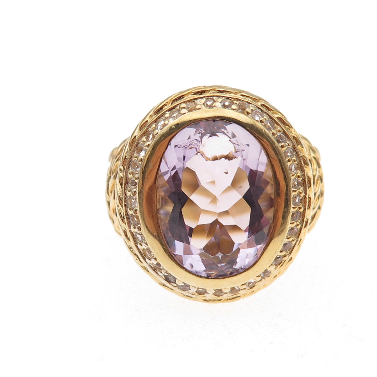925 Sterling Silver Gold Plated Real Amethyst & White Topaz Wheat Ring Size 9