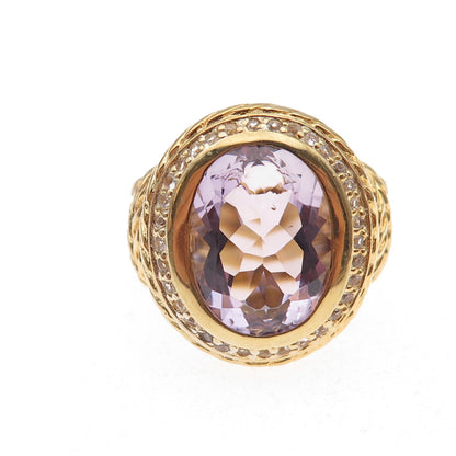 925 Sterling Silver Gold Plated Real Amethyst & White Topaz Wheat Ring Size 9