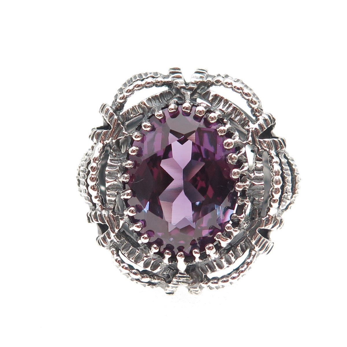 925 Sterling Silver Vintage Lab-Created Peacock Sapphire Oxidized Ring Size 7.5