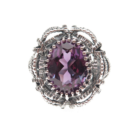925 Sterling Silver Vintage Lab-Created Peacock Sapphire Oxidized Ring Size 7.5
