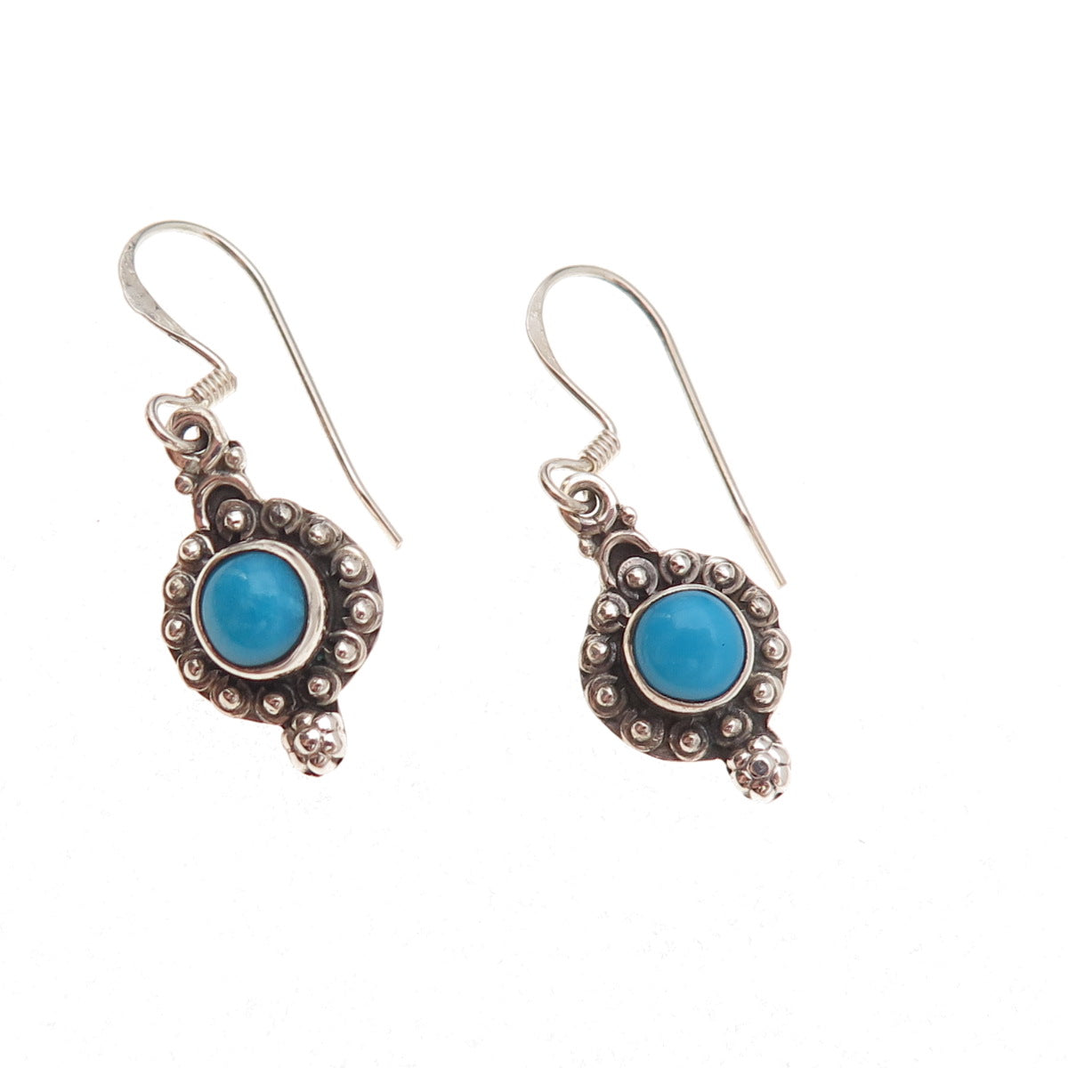 925 Sterling Silver Vintage Real Turquoise Beaded Oxidized Dangle Earrings