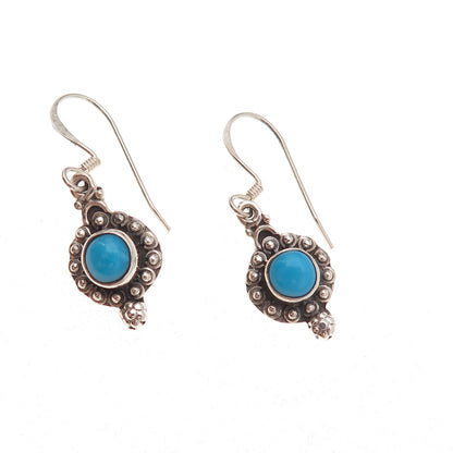 925 Sterling Silver Vintage Real Turquoise Beaded Oxidized Dangle Earrings