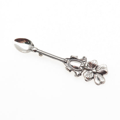 925 Sterling Silver Antique Art Deco Clover Salt & Spices Spoon Pin Brooch