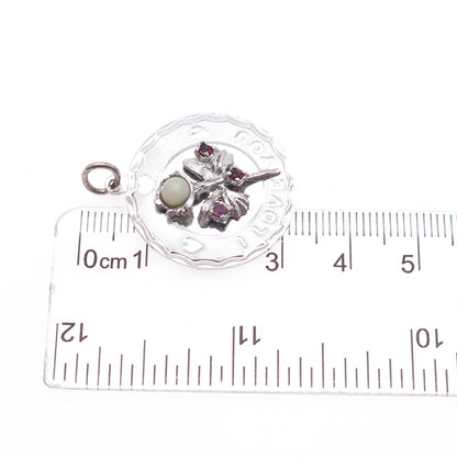 925 Sterling Silver Vintage Faux Pearl Real Ruby & Red Garnet I Love You Pendant