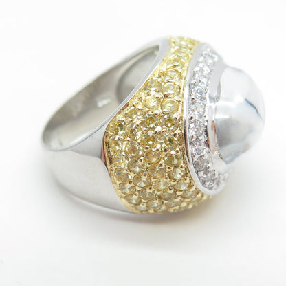 925 Sterling Silver Clear Quartz Canary & White C Z Dome Ring Size 6