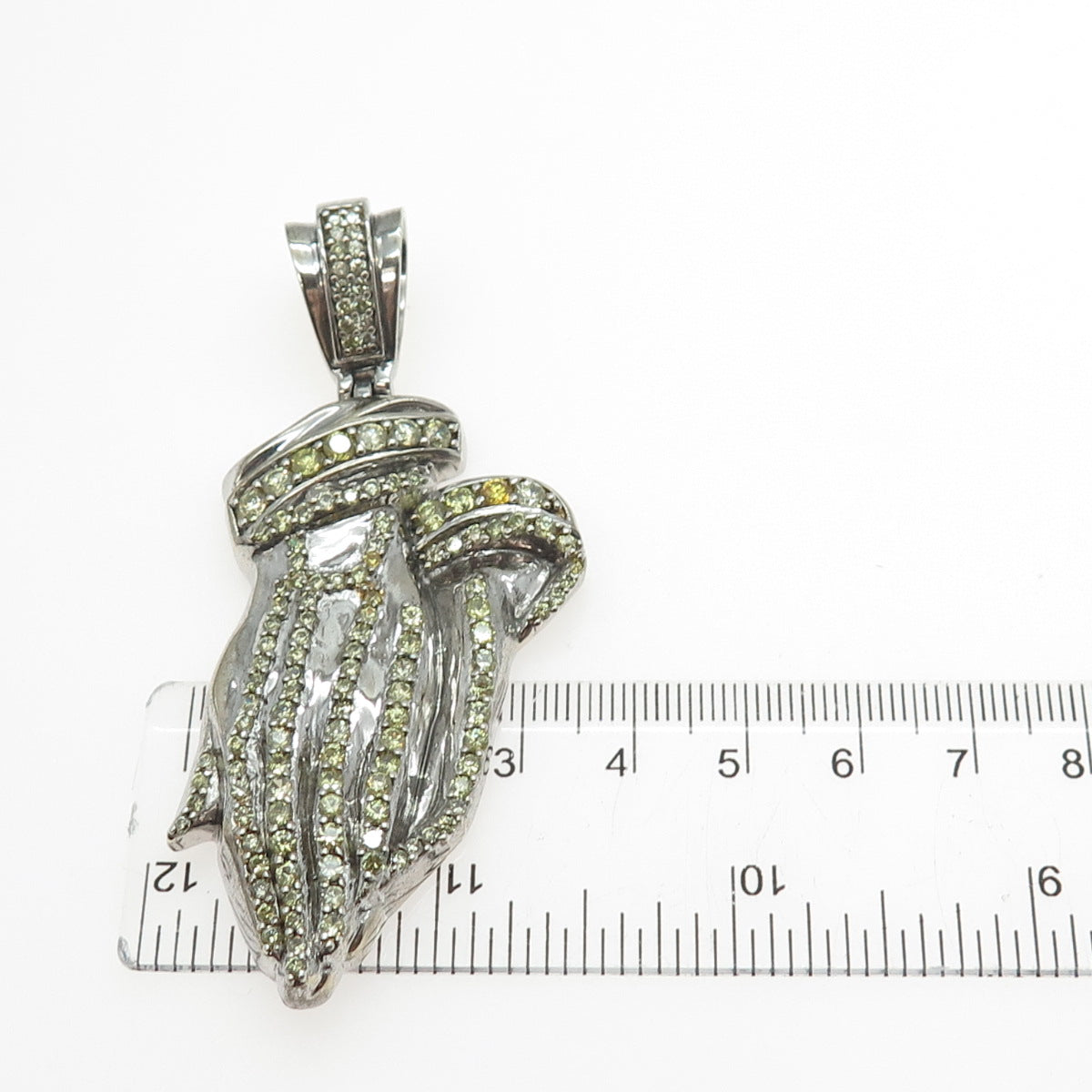 925 Sterling Silver Vintage Round-Cut Canary & White C Z Praying Hands Pendant