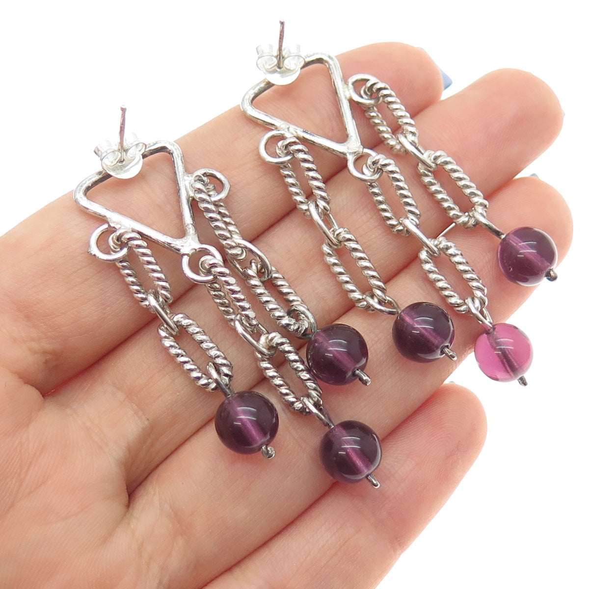 925 Sterling Silver Vintage Amethyst Modernist Drop Chain Ball Dangle Earrings