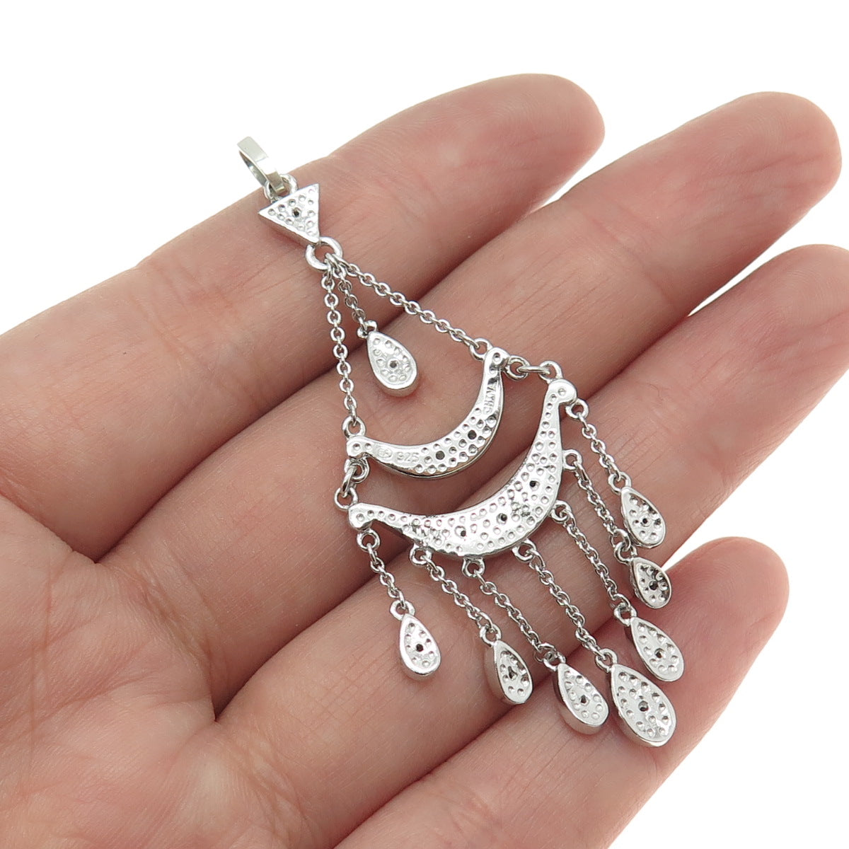 925 Sterling Silver Real Round-Cut Diamond Chandelier Dangling Pendant