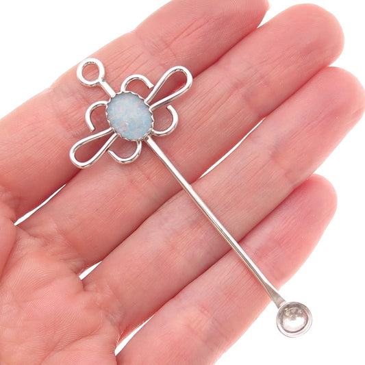 925 Sterling Silver Vintage Real Opal Floral Snuff Spoon Pendant