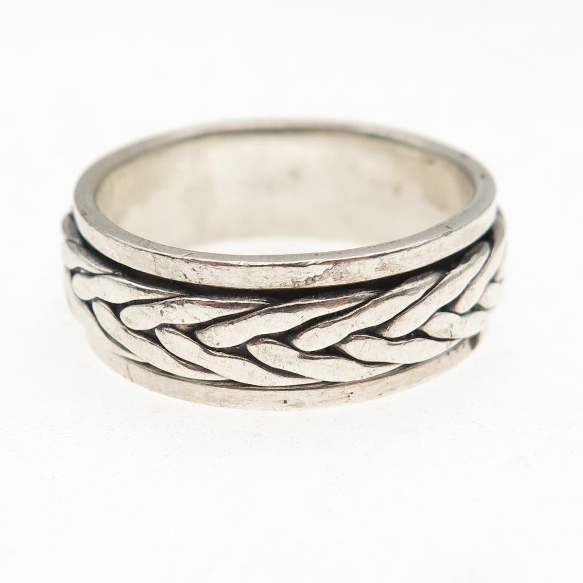 925 Sterling Silver Vintage Braided Oxidized Rotating Band Ring Size 12.75