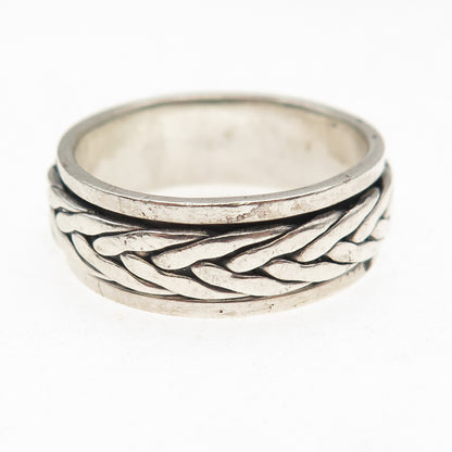 925 Sterling Silver Vintage Braided Oxidized Rotating Band Ring Size 12.75