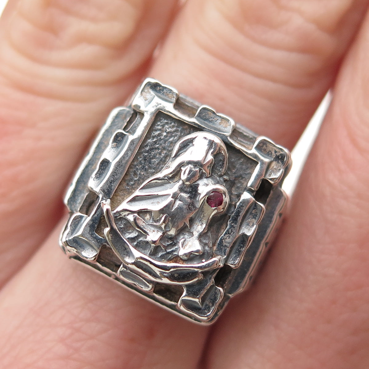 925 Sterling Silver Vintage Real Ruby St. Barbara Religious Oxidized Ring Size 9