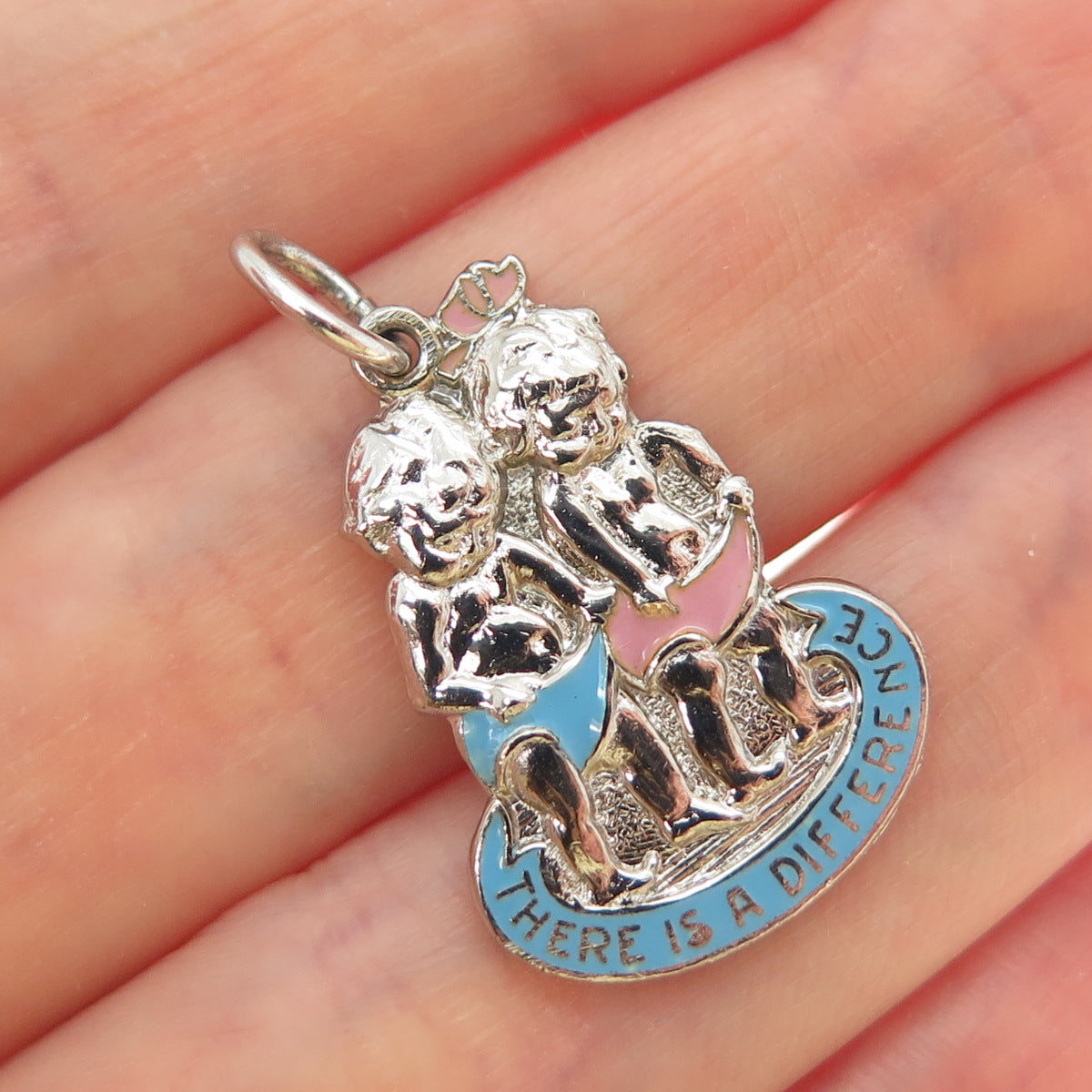 925 Sterling Silver Vintage Enamel There Is A Difference Boy Girl Twins Pendant