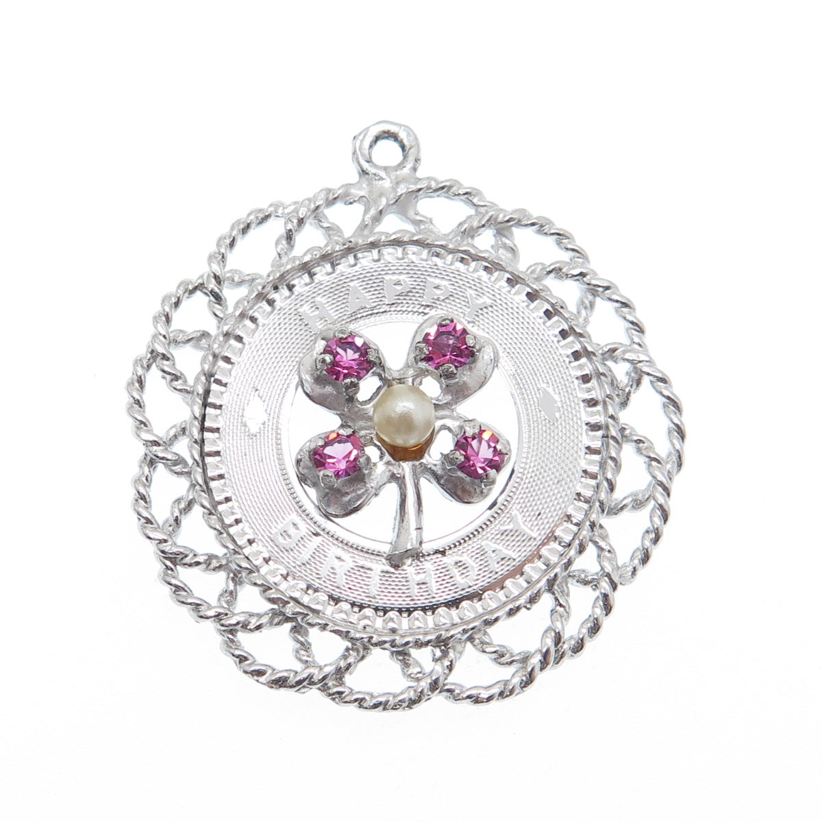 MARK MERCY Sterling Silver Vintage Faux Pearl Rhinestone Happy Birthday Pendant