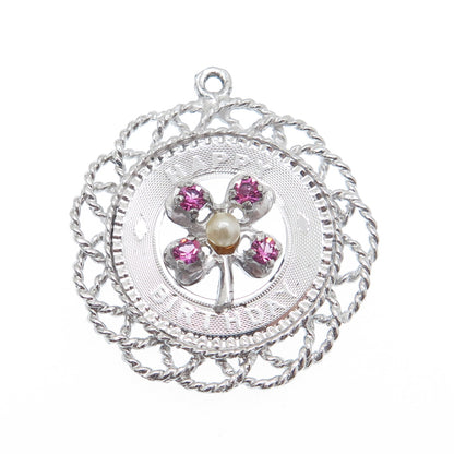 MARK MERCY Sterling Silver Vintage Faux Pearl Rhinestone Happy Birthday Pendant