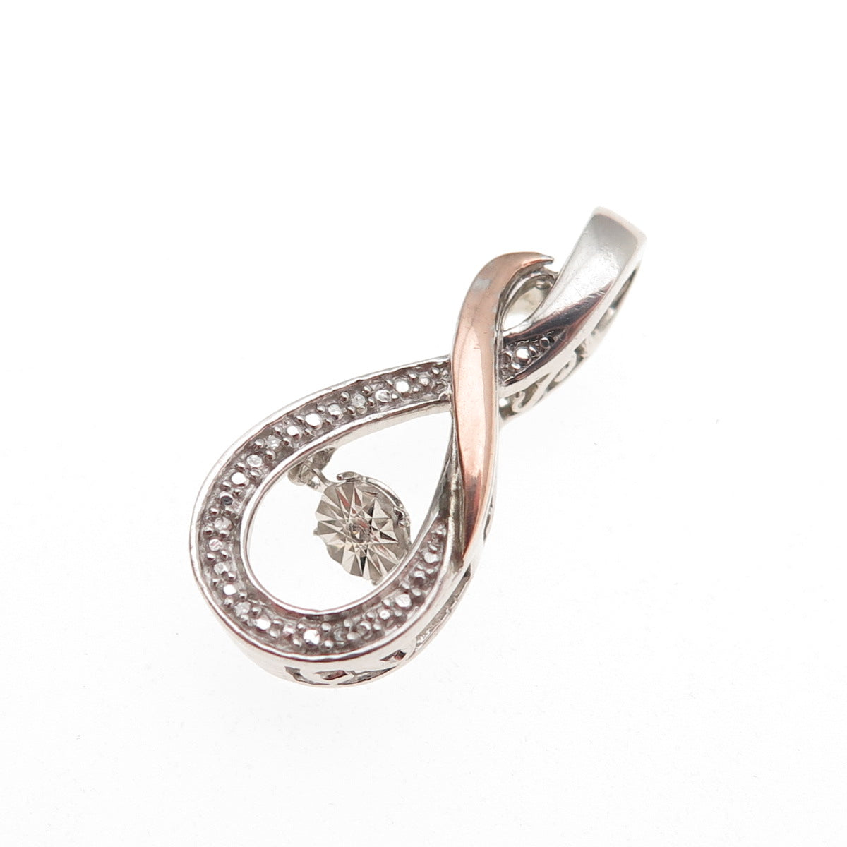 925 Sterling Silver 10K Rose Gold Real Diamond Infinity Charm Pendant