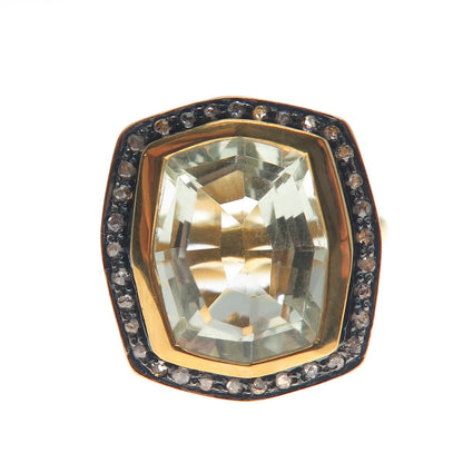 925 Sterling Silver Gold Plated Real Diamond & Green Amethyst Ring Size 6.75