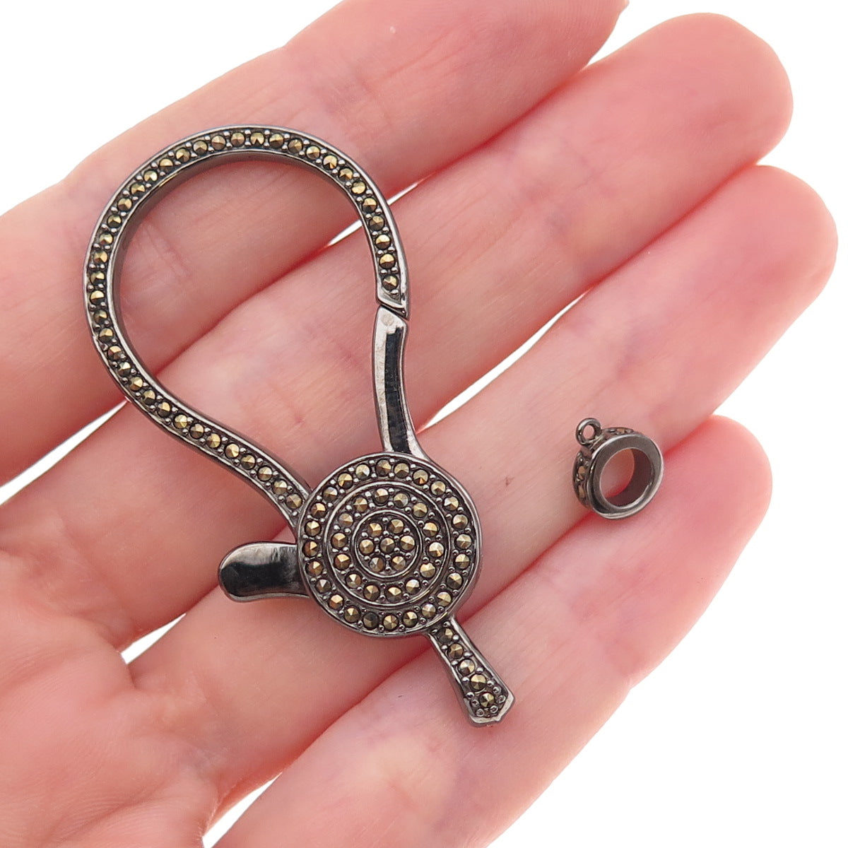 Luv Tia 925 Sterling Silver Black Rhodium Real Marcasite Carabiner Lobster Clasp