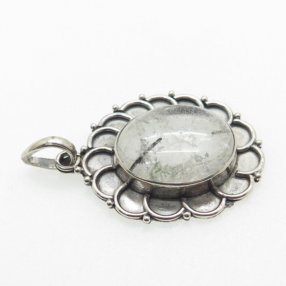 925 Sterling Silver Vintage Real Rutilated Quartz Flower Oxidized Pendant