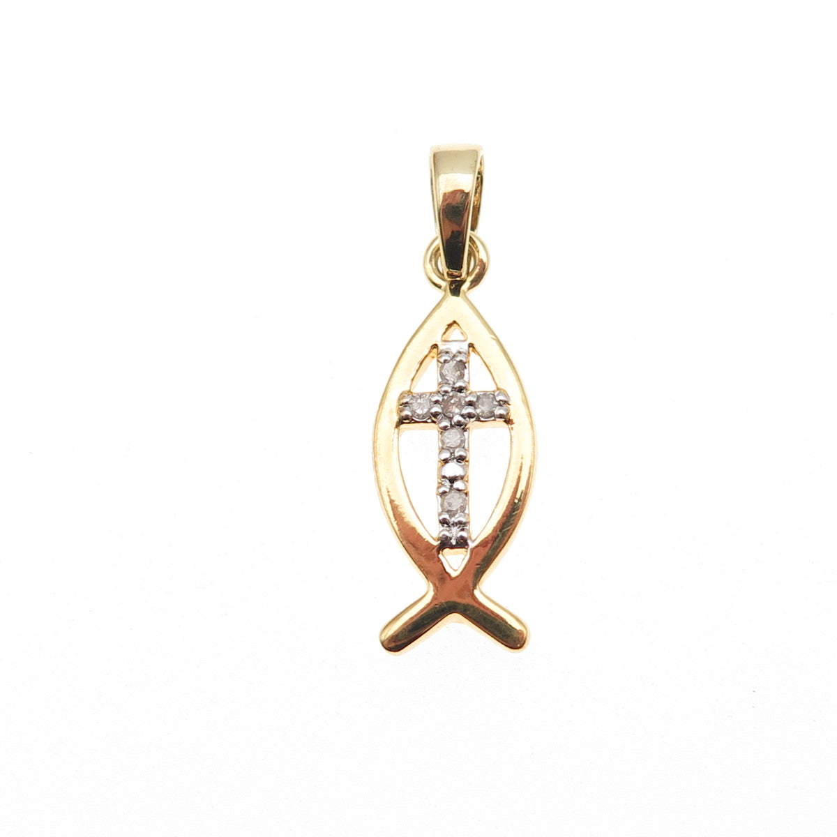925 Sterling Silver Gold Plated Real Diamond Cross Ichthys Mini Charm Pendant