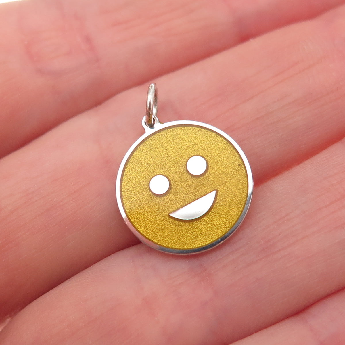 925 Sterling Silver Yellow Enamel Smiling Face Emoji Charm Pendant