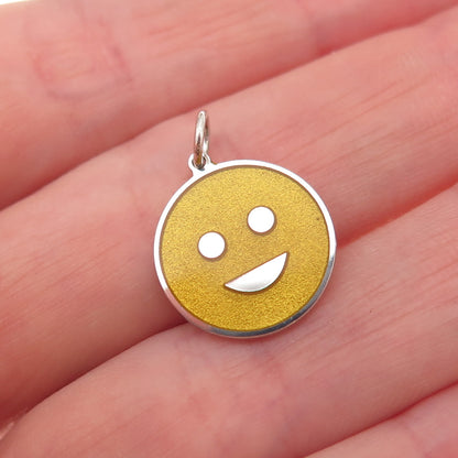 925 Sterling Silver Yellow Enamel Smiling Face Emoji Charm Pendant