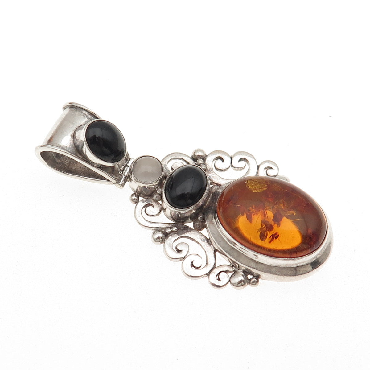 SUARTI BALI 925 Sterling Silver Vintage Real Amber Black Onyx Moonstone Pendant