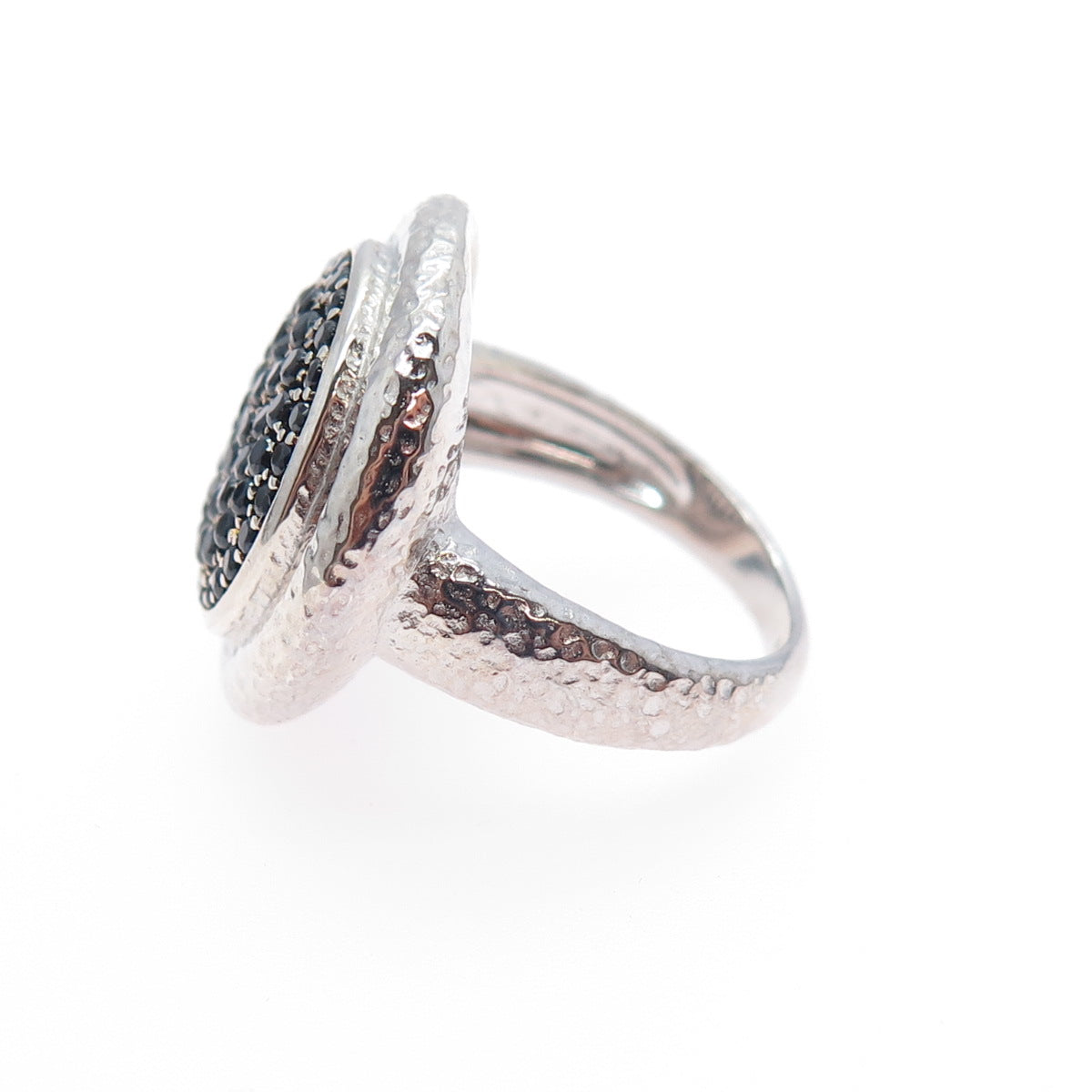 925 Sterling Silver Real Round-Cut Black Spinel Hammered Ring Size 6.25