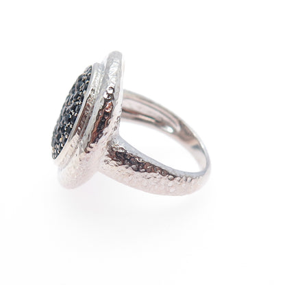 925 Sterling Silver Real Round-Cut Black Spinel Hammered Ring Size 6.25