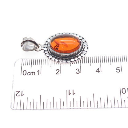 925 Sterling Silver Vintage Real Amber Dotted Charm Pendant