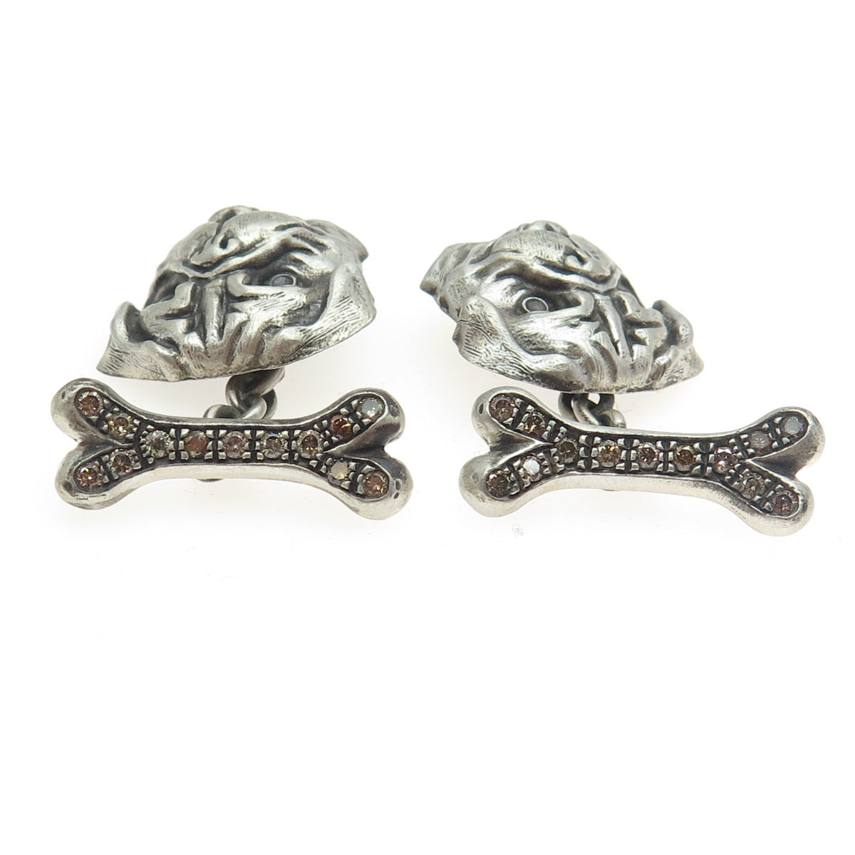 925 Sterling Silver Vintage Real Round-Cut Champagne Diamond Pug Dog Cufflinks