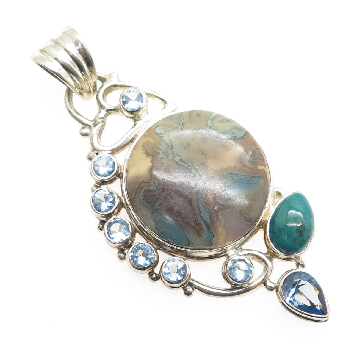 925 Sterling Silver Vintage Real Agate Turquoise & Aquamarine Modernist Pendant