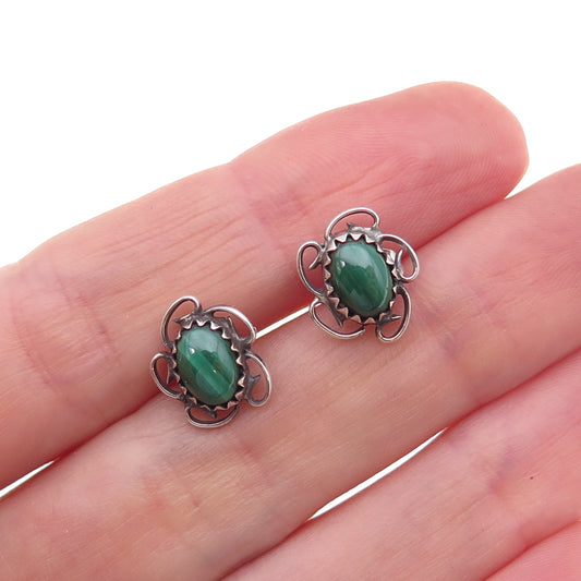 Old Pawn 925 Sterling Silver Vintage Southwestern Malachite Floral Stud Earrings
