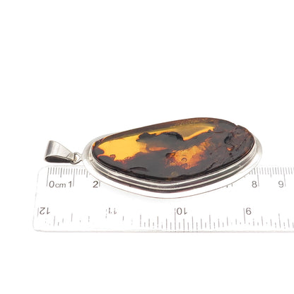 925 Sterling Silver Vintage Real Amber Modernist Pendant