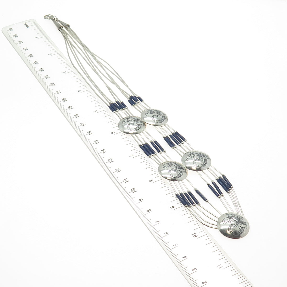 Old Pawn Sterling Silver Lapis Lazuli Lizard Concho 5-Liquid Chain Necklace 20"