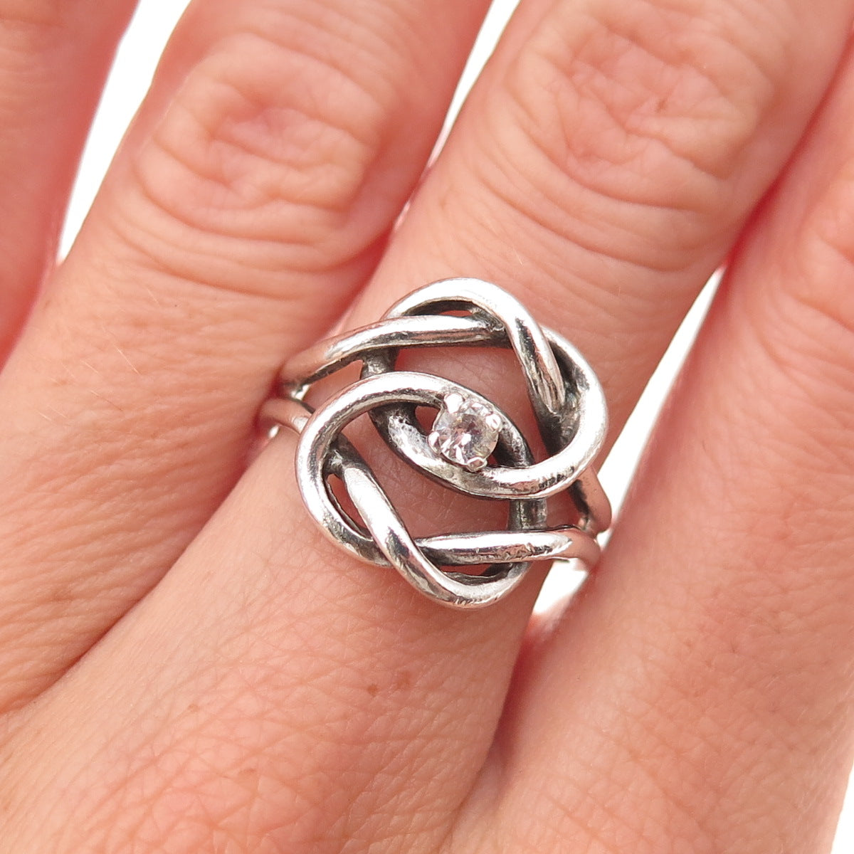 925 Sterling Silver Vintage Real White Topaz Love Knot Oxidized Ring Size 6.75