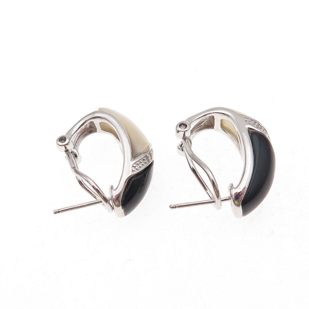 Sai 925 Sterling Silver Real Diamond Black Onyx & MOP Omega Back Earrings