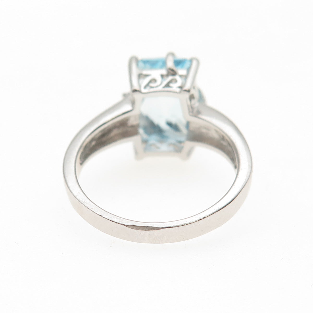 925 Sterling Silver Real Radiant-Cut Blue Topaz Floral Scroll Ring Size 7