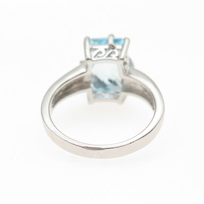 925 Sterling Silver Real Radiant-Cut Blue Topaz Floral Scroll Ring Size 7