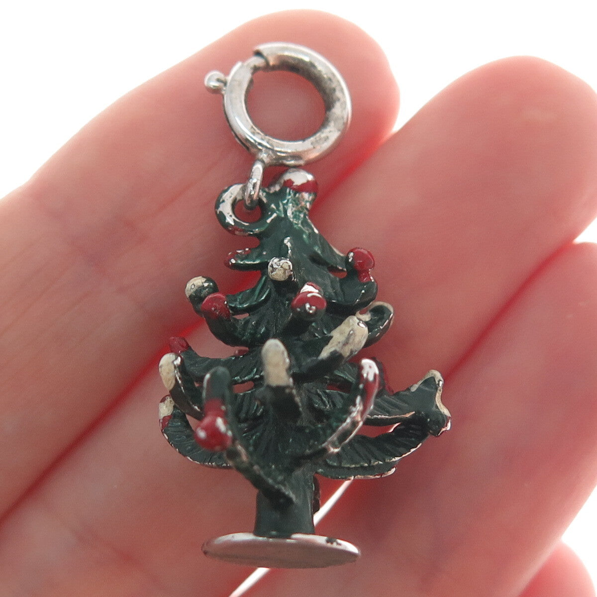 JEWELART Sterling Silver Antique Enamel Christmas Tree Spring Ring Charm Pendant