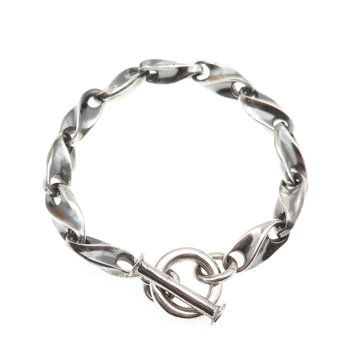 925 Sterling Silver Vintage Mexico Modernist Anchor Link Oxidized Bracelet 7"