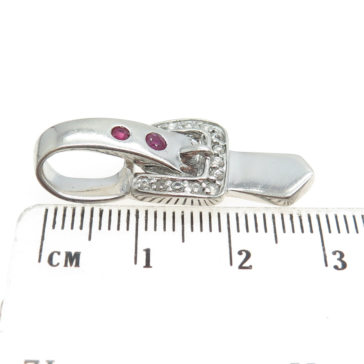 925 Sterling Silver Real Round-Cut Ruby & White Topaz Belt Buckle Hook Pendant