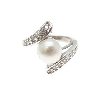 NEVADA 925 Sterling Silver Faux Pearl & C Z Bypass Ring Size 5.25