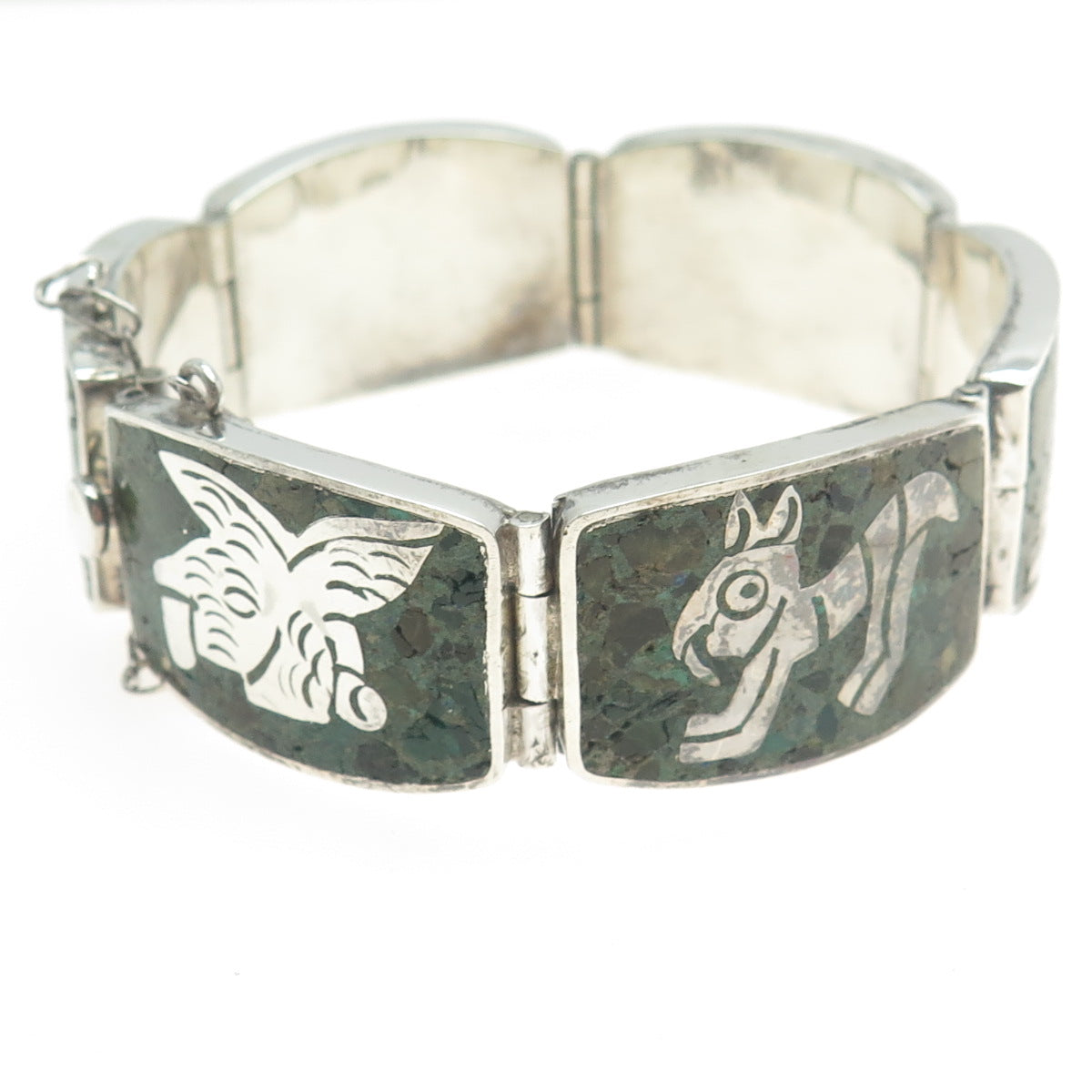 MIGUEL MELENDEZ Sterling Silver Vintage Mexico Azurite Tribal Animal Bracelet 7"