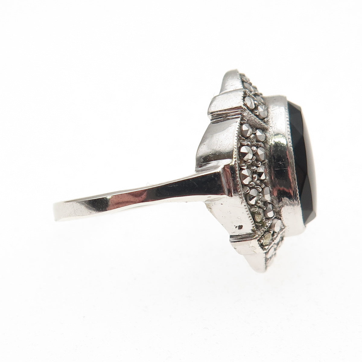 925 Sterling Silver Antique Art Deco Real Black Onyx & Marcasite Ring Size 6.25